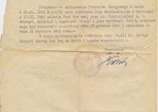 Powiększ zdjęcie Nakaz rozbiórki domu rodzinnego Anny Wygrzywalskiej mieszczącego się przy ul. Podkościelnej 6 z dnia 17 grudnia 1942 roku
