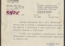 Powiększ zdjęcie Pismo ZMS z prośbą o występ cyrku dziecięcego podczas imprezy „Festyn olimpijski”; z 1972 rok