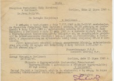 Powiększ zdjęcie Pismo Prezydium Powiatowej Rady Narodowej z 13 lipca 1948 roku o odszkodowaniu za posesję mieszczącą się przy ul. Podkościelnej 6